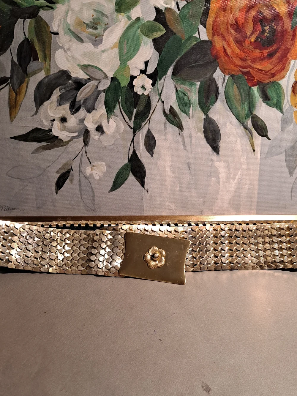 Vintage 70s Gold Fish Scale Floral Buckle Stretch Belt Mod Bohemian